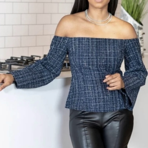 Zara Tops - Zara Navy Blue Tweed Off The Shoulder Top